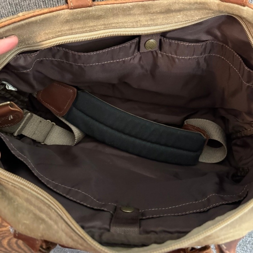 LL Bean Vintage Waxed Canvas Leather Briefcase Laptop Bag Olive Brown Satchel - Picture 14 of 16